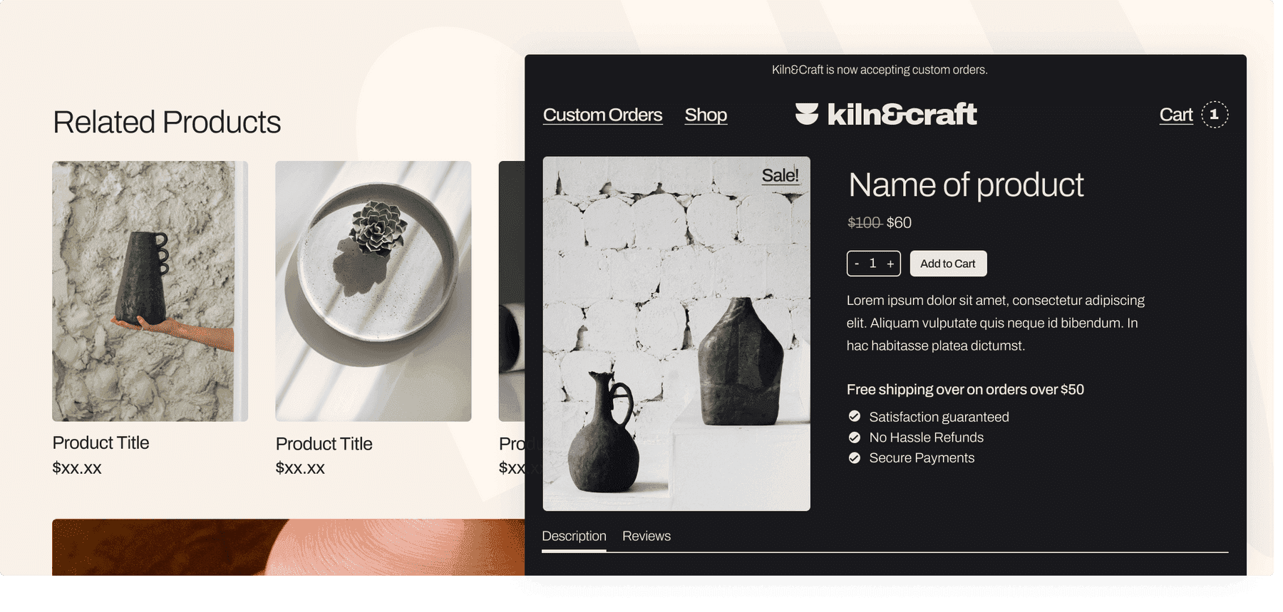 Screengrab of feature-rich product page editor, a store that sells black vases, store owner can type in name of product, description, price, add related products