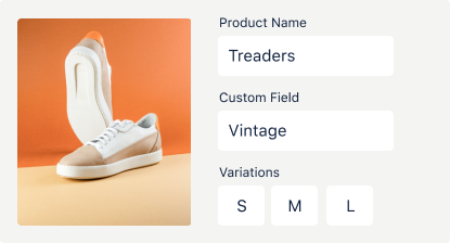 StoreBuilder product page with image of vintage-style treader shoes, user can select size small, medium, large